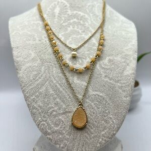 Layered Light Pink Peach  Necklace Gold Tone Drusy Beads and Center Pearl Boho